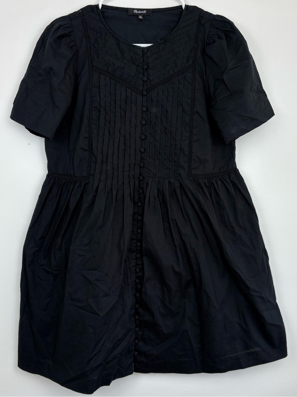 Madewell Lace-Trim Pintuck Button Front 100% Cotton Black Dress XS EUC Kidcore - Picture 2 of 9